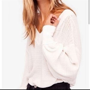 We The Free Free People White Ivory Waffle Knit South Side Thermal Top Small